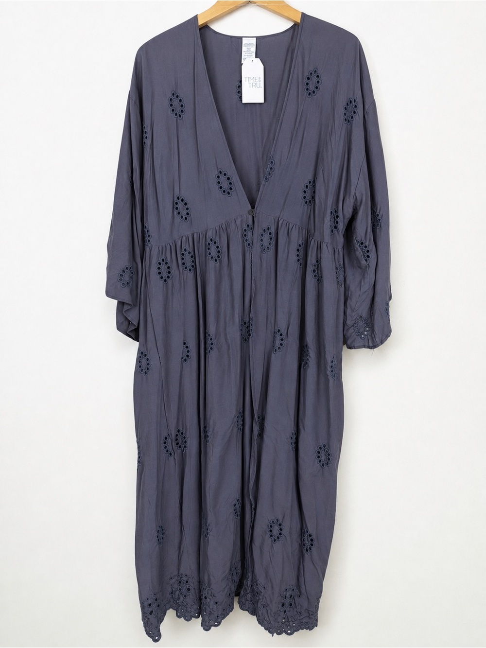 Time and Tru Boho Chic Blue Eyelet Embroidered Kimono Duster L/XL NWT Lagenlook